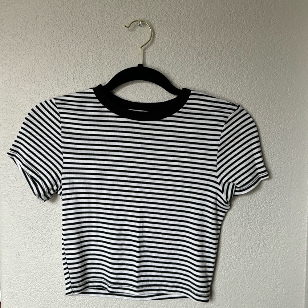 Audrey 3+1 Boutique Black and White Striped Crop Top